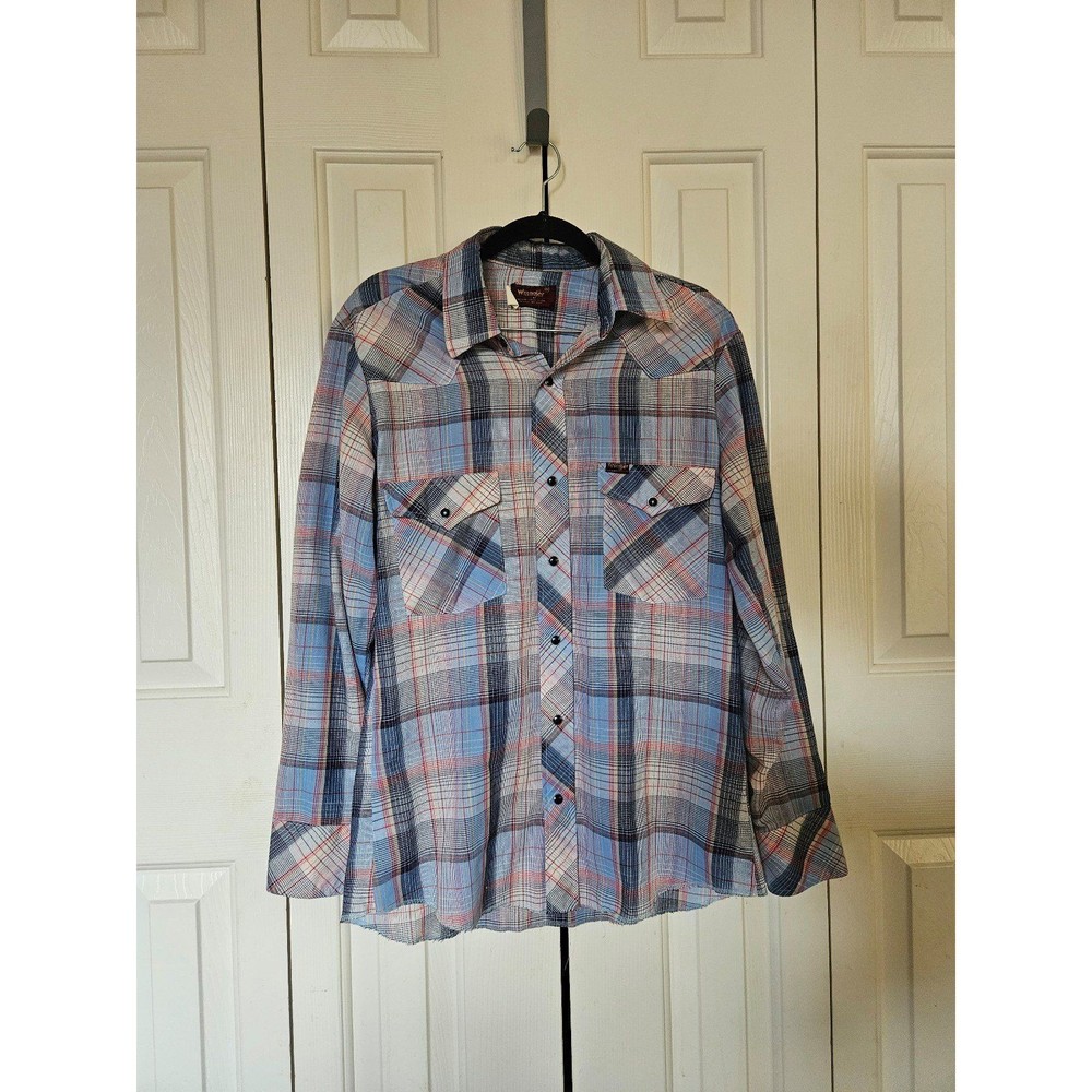 Vintage 60's Wrangler rip stop snap front plaid western shirt M white blue
